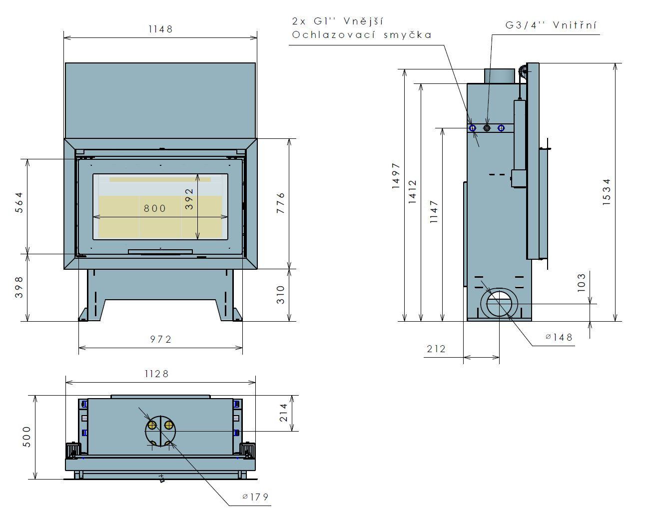 KRETZ B 104 V21 krbová vložka 21kW, s výměníkem, černá 1210 Technický nákres