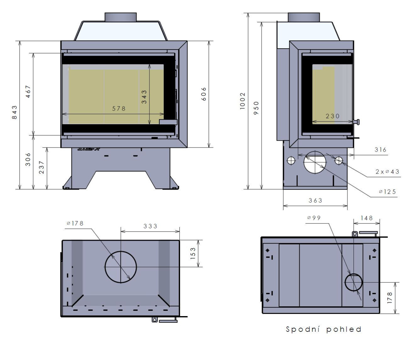 KRETZ F 108 krbová vložka 9kW, rohová, levá, černá 1143 Technický nákres