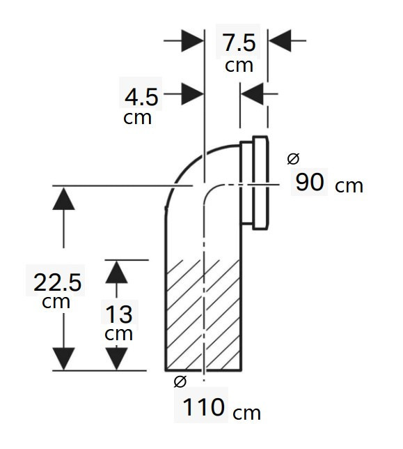GEBERIT připojovací koleno 90°, DN100/90, se zásuvným hrdlem, pro závěsné WC, s rozšířením, černá 367.925.16.1 Technický nákres