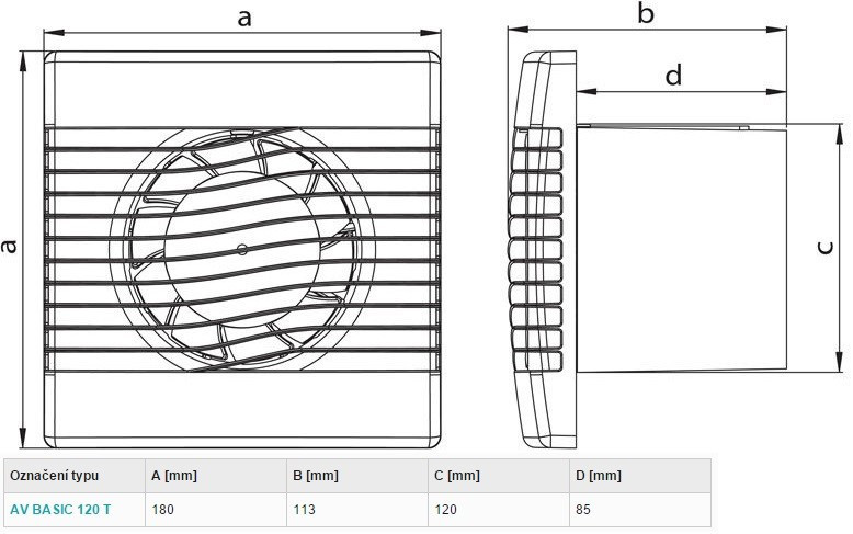 HACO AV BASIC 120 T axiální ventilátor 120 mm, nástěnný, s časovačem 0910 Technický nákres
