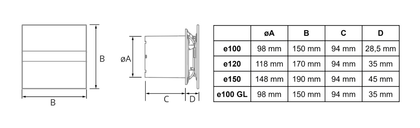 CATA E100 GBT axiální ventilátor 100 mm, nástěnný/stropní, s časovačem, černá 00900502 Technický nákres