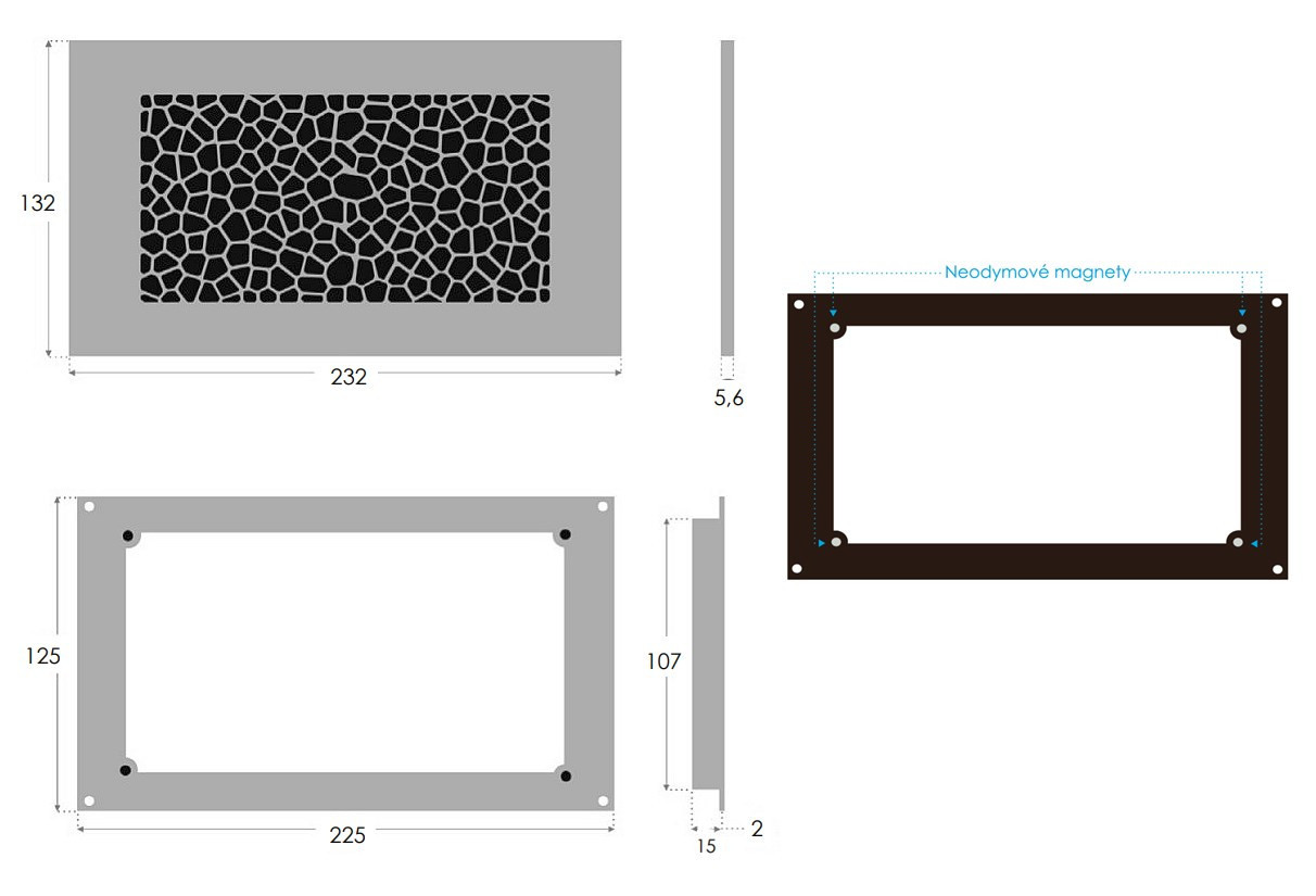 designová větrací mřížka 232x132 mm, plast, černá/bílá LF-P-R-HBW-PB Technický nákres