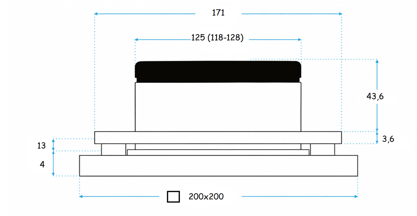 LUFTOMET SKY talířový ventil DN125, 200x200 mm, přívod i odvod vzduchu, sklo, matná bílá SP-LS-G-Q-WD-125 Technický nákres