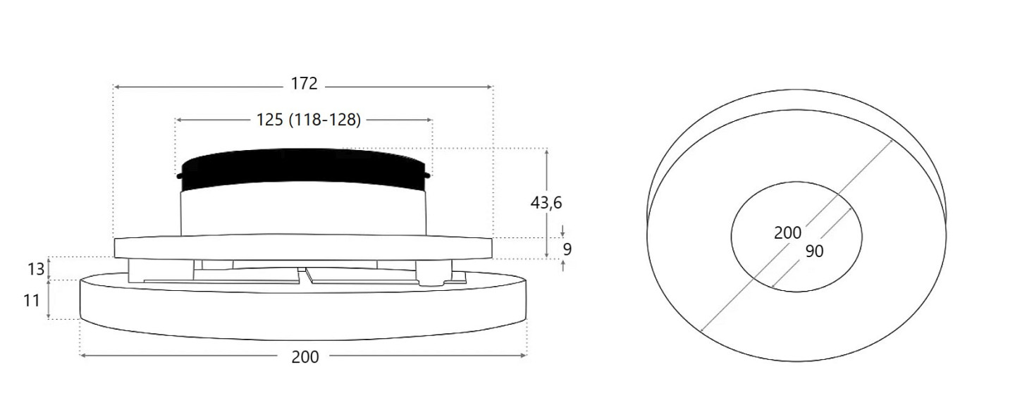 LUFTOMET LUMEN talířový ventil DN125, pr.200 mm, přívod i odvod vzduchu, s LED svítidlem, 5000 K, plast, lesklá bílá SP-LL-P-C-WS-N-125 Technický nákres