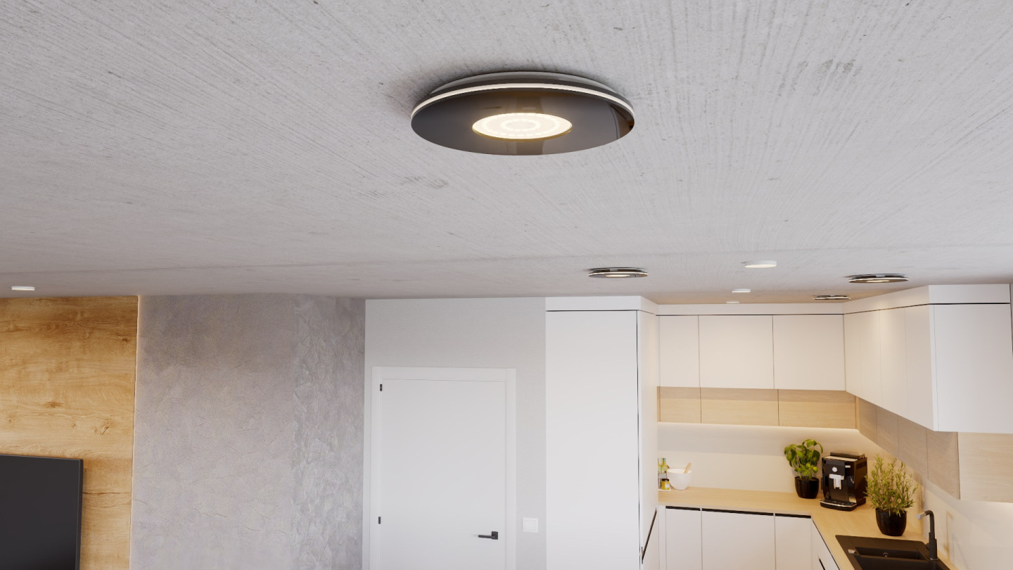 LUFTOMET LUMEN talířový ventil DN125, pr.200 mm, přívod i odvod vzduchu, s LED svítidlem, 3000 K, plast, lesklá černá SP-LL-P-C-BS-W-125 Obrázek - fotka