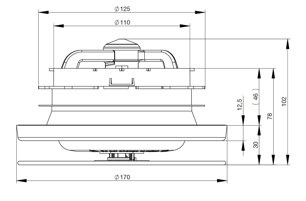 ZEHNDER COMFOVALVE LUNA E125 talířový ventil DN125, pr.170 mm, odvod vzduchu, plast, černá 705613133 Technický nákres