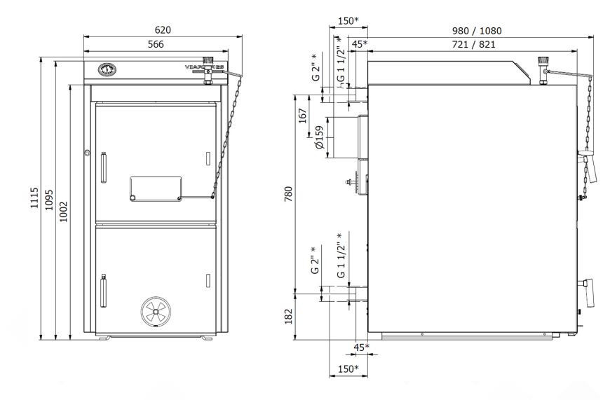 VIAFLAMES W22 ECO 30 kotel na dřevo/uhlí 28/26/29 kW, zplyňovací W220030 Technický nákres