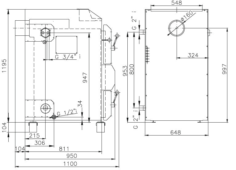 VERNER VN25D kotel na dřevo 25 kW, zplyňovací, pravý + regulace ZVKX0341 Technický nákres