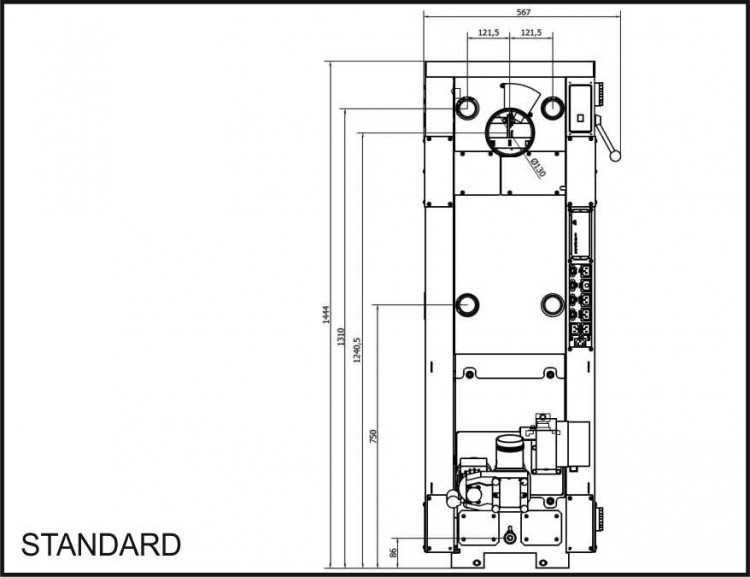 PONAST KP19 UNI STANDARD kotel na pelety 19,5 kW, automatický+řídící jednotka a zásobníkem s podavačem HKKI1903 Technický nákres