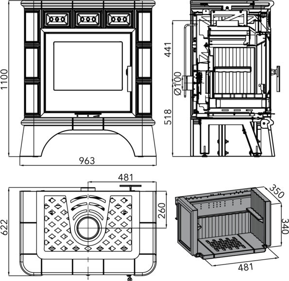 HAAS+SOHN MATERA kachlová kamna 4-7,9kW, černá/slonová kost 0435215200000 Technický nákres