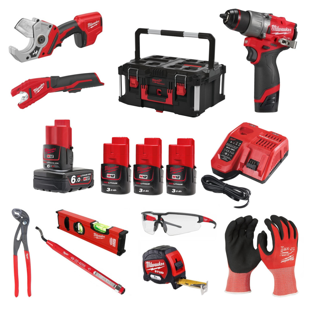 MILWAUKEE M12 SET 3 aku řezák + aku nůžky + příklepová vrtačka + kleště + odhrotovač + vodováha + pásmo + 3x aku 3,0Ah + aku 6,0Ah + nabíječka + rukavice + brýle SET 3 Obrázek - Hlavní obrázek