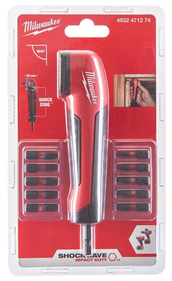 MILWAUKEE DISPLAY SET SHOCKWAVE pravoúhlý rázový nástavec 90°, 10 ks šroubovacích bitů PH/PZ/TX 4932471274 Obrázek - fotka