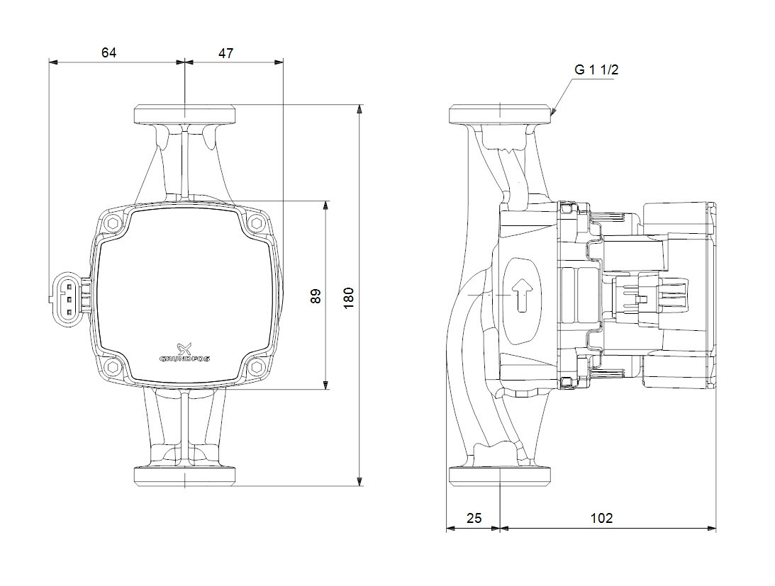 GRUNDFOS ALPHA1 25-60 oběhové čerpadlo 3,6 m3/h, 180 mm 93074163 Technický nákres
