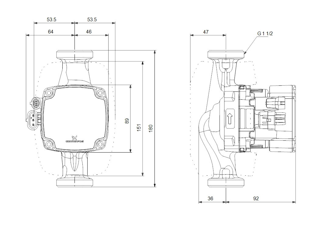 GRUNDFOS ALPHA2 GO 25-60 oběhové čerpadlo 3,5 m3/h, 180 mm 93074216 Technický nákres