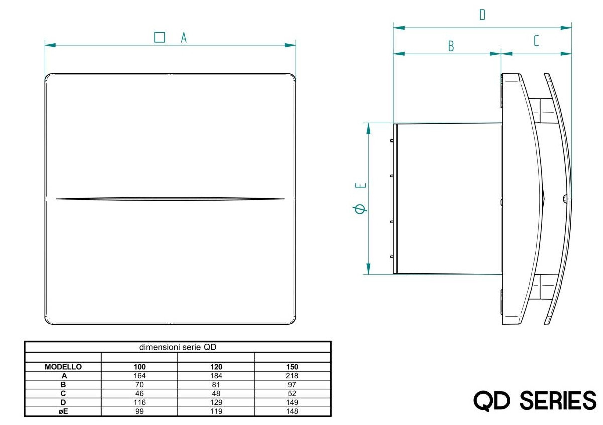 AERAULIQA QD100TBB axiální ventilátor 100 mm, nástěnný/stropní/do okna, s časovačem a zpětnou klapkou PQD0001Q Technický nákres