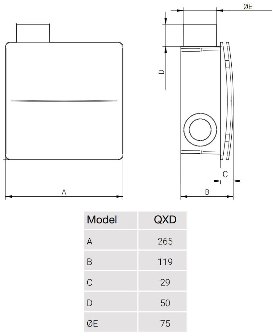 AERAULIQA QXD T radiální ventilátor 75 mm, nástěnný/stropní, s časovačem a zpětnou klapkou 004646 Technický nákres